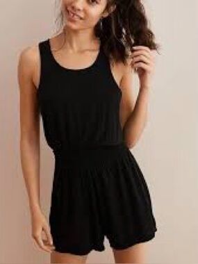aerie Solid Black Short Romper One Piece Gathered waist Drawstring Size Small